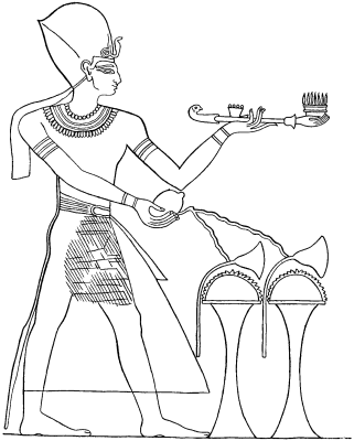 Fig. 1.—The conventional Egyptian representation of the Burning of Incense and the Pouring of Libations (Period of the New Empire)—after Lepsius