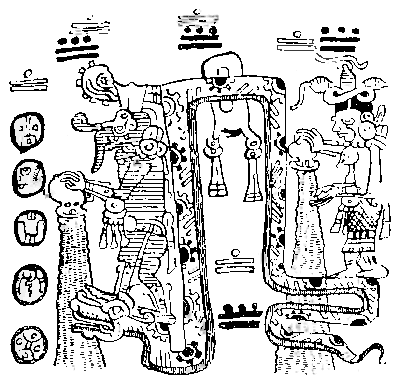 Fig. 11.—Reproduction of a Picture in the Maya Codex Troano representing the Rain-god Chac treading upon the Serpent's head, which is interposed between the earth and the rain the god is pouring out of a bowl. A Rain-goddess stands upon the Serpent's tail.