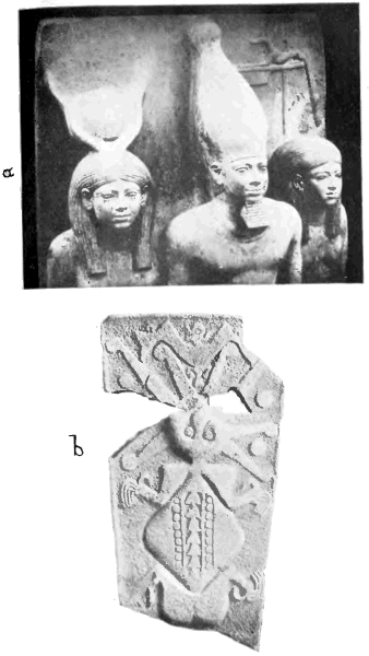 Fig. 21.—(a) A slate triad found by Professor G. A. Reisner in the temple of the Third Pyramid at Giza. It shows the Pharaoh Mycerinus supported on his right side by the goddess Hathor, represented as a woman with the moon and the cow's horns upon her head, and on the left side by a nome goddess, bearing upon her head the jackal-symbol of her nome. (b) The Ecuador Aphrodite. Bas-relief from Cerro Jaboncillo (after Saville, "Antiquities of Manabi, Ecuador," Preliminary Report, 1907, Plate XXXVIII). A grotesque composite monster intended to represent a woman (compare Saville's Plates XXXV, XXXVI, and XXXIX), whose head is a conventionalized Octopus, whose body is a Loligo, and whose limbs are human.