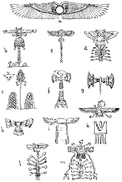 Fig. 25. (a) Winged Disk from the Temple of Thothmes I. (b) Persian design of Winged Disk above the Tree of Life (Ward, "Seal Cylinders of Western Asia," Fig. 1109). (c) Assyrian or Syro-Hittite design of the Winged Disk and Tree of Life in an extremely conventionalized form (Ward, Fig. 1310). (d) Assyrian conventionalized Winged Disk and Tree of Life, from the design upon the dress of Assurnazipal (Ward, Fig. 670). (e) Part of the design from a tablet of the time of Dungi (Ward, Fig. 663). The Tree of Life (or the Great Mother) between the two mountains: alongside the tree is the heraldic eagle. (f) Design on a Cretan sarcophagus from Hagia Triada (Blinkenberg, Fig. 9). The Tree of Life has now become the handle of the Double Axe, into which the Winged Disk has been transformed. But the bird which was the prototype of the Winged Disk has been added. (g) Double axe from a gold signet from Acropolis Treasure, Mycenæ (after Sir Arthur Evans, "Mycenæan Tree and Pillar Cult," p. 10). (h) Assyrian Winged Disk (Ward, Fig. 608) showing reduplication of the wing-pattern, possibly suggesting the doubling of each axe-blade in g. (i) "Primitive Chaldean Winged Gate" (Ward, Fig. 349). The Gate as the Goddess of the Portal. (k) Persian Winged Disk (Ward, Fig. 1144) above a fire-altar in the form suggestive of the mountains of dawn (compare Fig. 26, c). (l) An Assyrian Tree of Life and Winged Disk crudely conventionalized (Ward, Fig. 695). (m) Assyrian Tree of Life and "Winged Disk" in which the god is riding in a crescent replacing the Disk (Ward, Fig. 695).