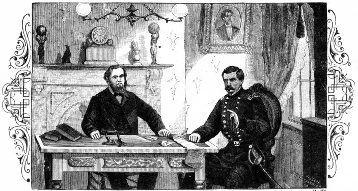 Frontispiece. P. 158.  Allan Pinkerton and General McClellan in Private Consultation.