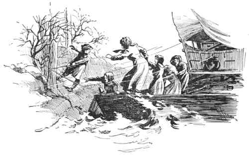mooring the flatboat along the shore