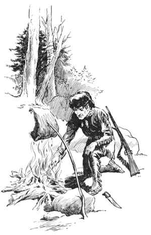 old trapper cooking deer on open fire