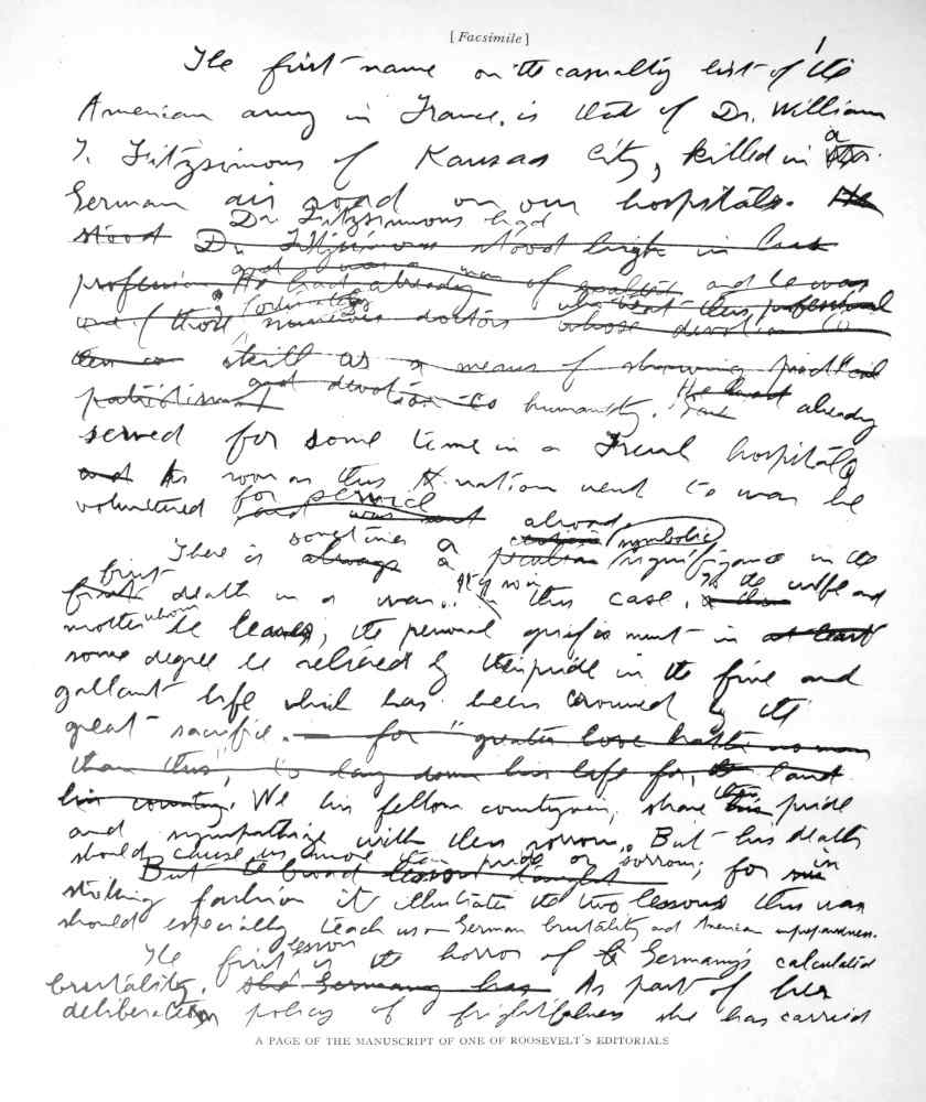 A PAGE OF THE MANUSCRIPT OF ONE OF ROOSEVELT’S EDITORIALS