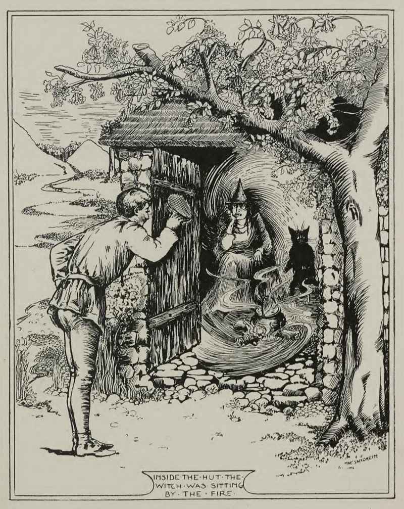 man bowing to a witch inside a hut