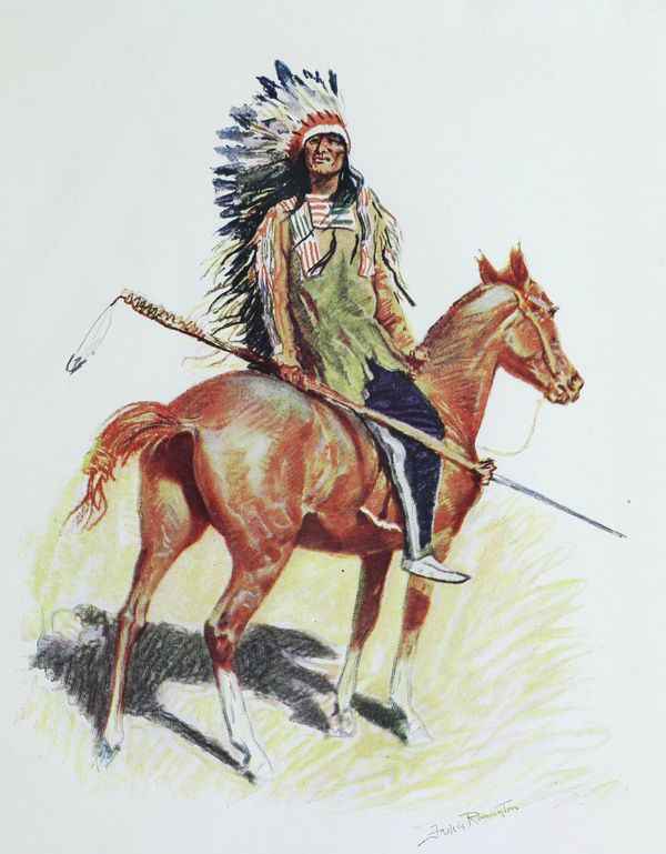 Indian with headress on horseback