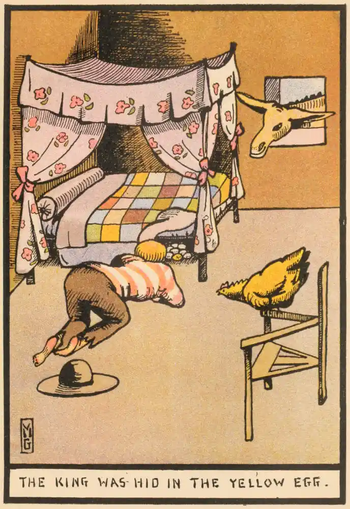 The Fool looks under the bed at a clutch of eggs, one of which is yellow. The Mule looks in at the window.
