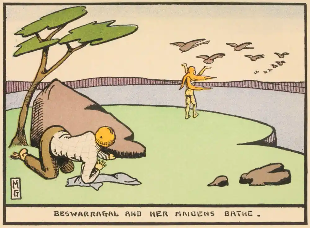 A young man looks out from behind a rock at a lake, with a naked woman standing on the shore and a flock of birds flying overhead.