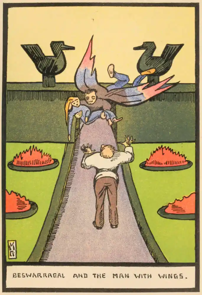 A man with wings has picked up a woman and is flying away, while another man stands with his arms raised in surprise.