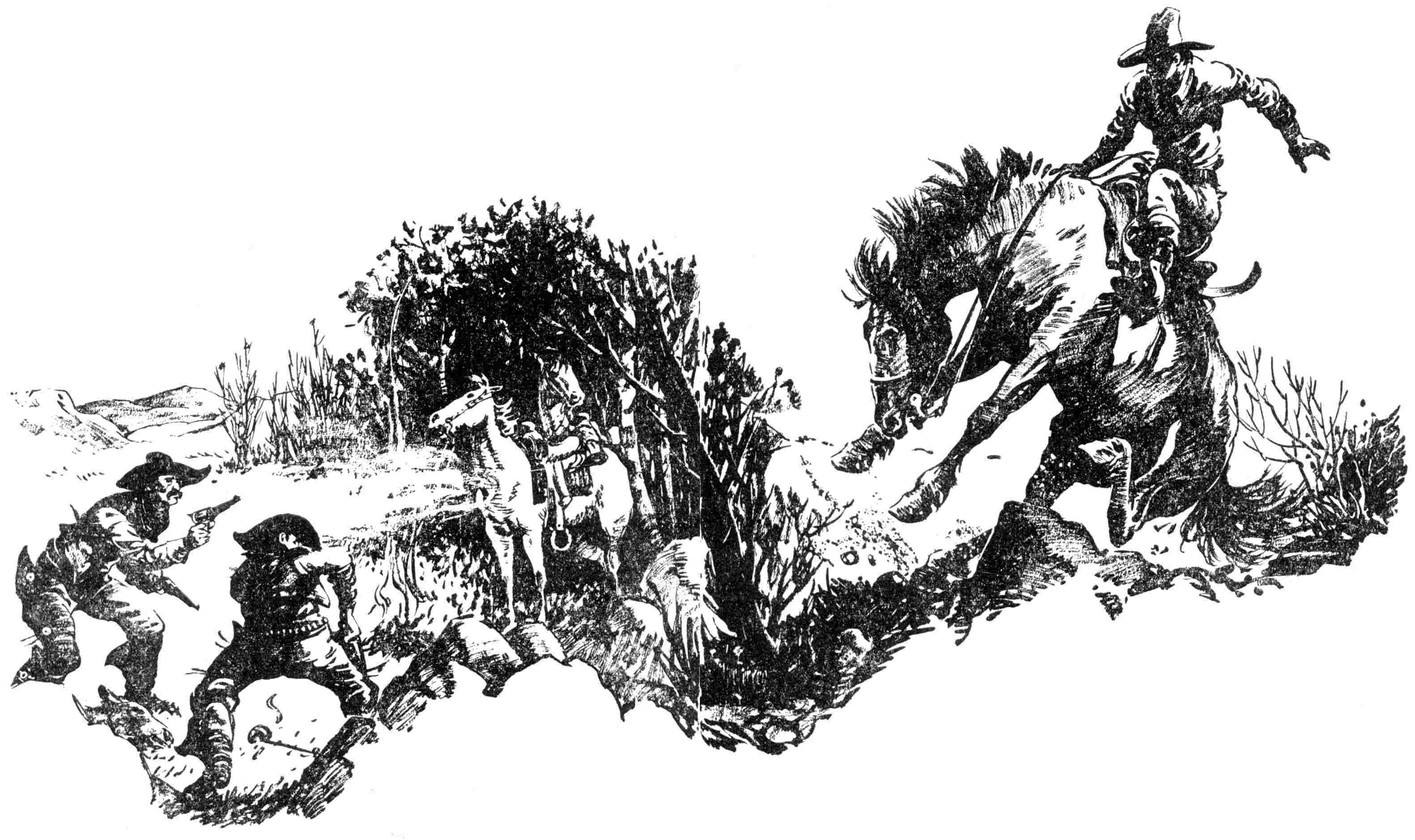 Jim being fired upon by two men with pistols