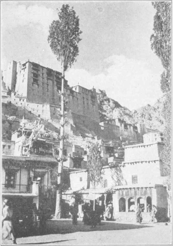 A town built up the side of a mountain, shown from street level.