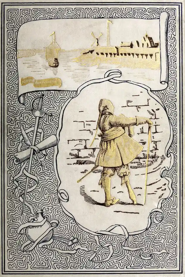 Ornate illustrated book cover with harbor scene and a seventeenth-century Dutch figure