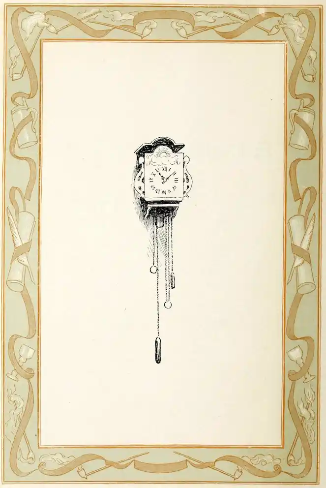 Wall-mounted pendulum clock centered within a decorative border